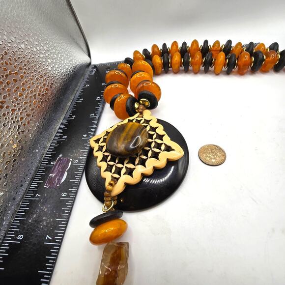 Chico's Statement Necklace Chunky Beads Tiger Eye Pendant 20 Inch Boho Jewelry - Picture 5 of 8